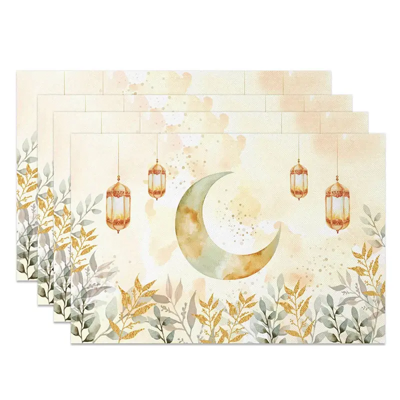 Aperturee Golden Glitter Leaves and Moon Set of 4 Placemats, Ramadan Eid Mubarak Lanterns Dining Table Mats for Home Pro