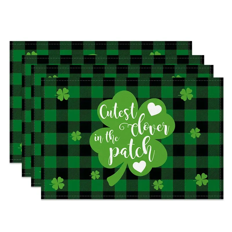 Aperturee Cutest in the Clover Patch Set of 4 Placemats, St. Patricks Day Large Shamrock Green Plaid Table Mats Pro