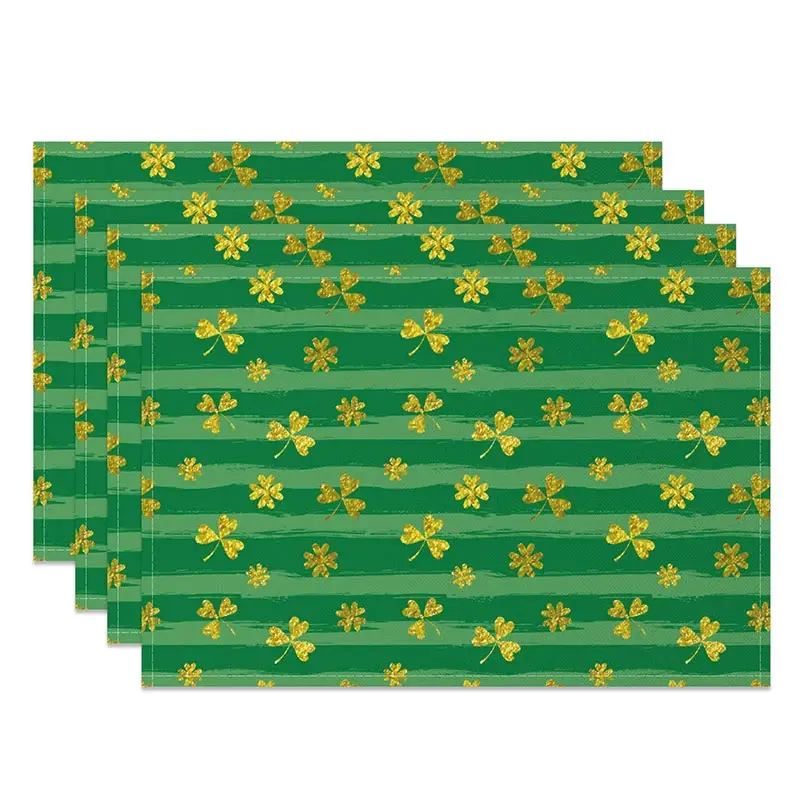 Aperturee Golden Glitter Shamrock Set of 4 Placemats, Green Striped St. Patricks Day Lucky Clover Table Mats Pro