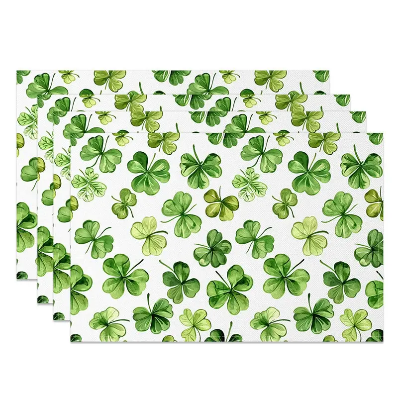 Aperturee Artistic Green Leaves Set of 4 Placemats, St. Patricks Day Watercolor Shamrock Dining Table Mats Studio