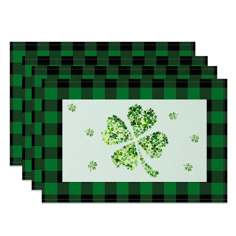 Aperturee Shamrock Collage Plaid Set of 4 Placemats, St. Patricks Day Green Buffalo Check Table Mats Studio