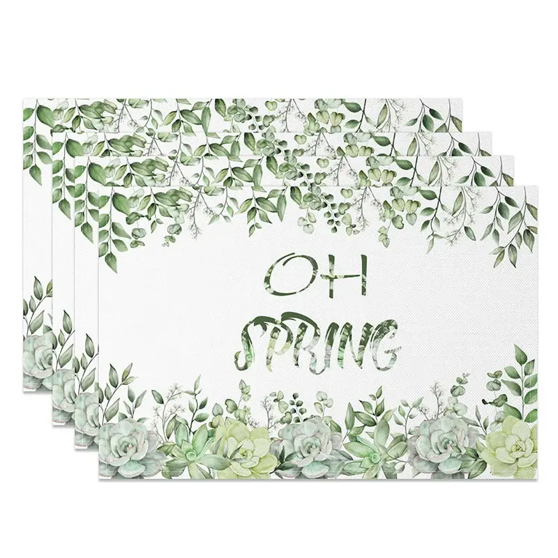 Aperturee Oh Spring Green Succulent and Leaf Set of 4 Placemats, Botanical Garden Style Dining Table Mats