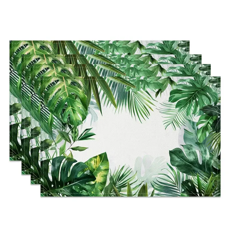 Aperturee Tropical Monstera Leaf Placemats Set of 4, with Tribal Pattern for Modern Boho Summer Table Decor, 14x12in (WxH), 15.8 USD, placemats, CDJ
