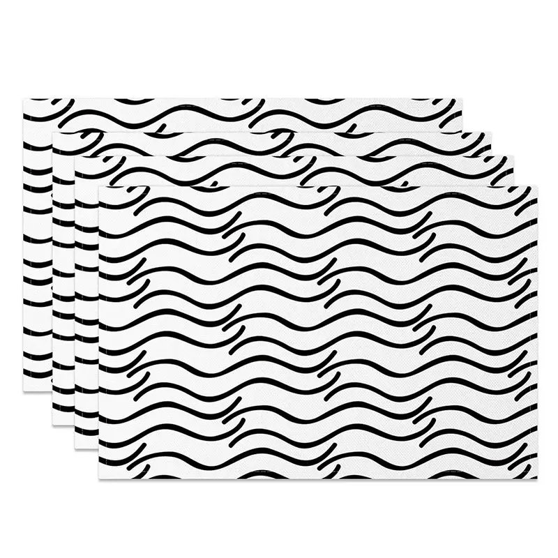 Aperturee Abstract Black and White Water Ripples Set of 4 Placemats, Modern Zen Inspired Design for Dining Table, 14x12in (WxH)