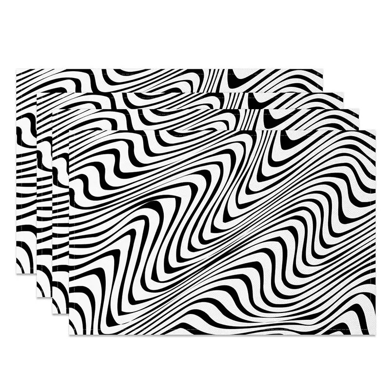Aperturee Abstract Black and White Wavy Line Set of 4 Placemats, for Modern Minimalist and Contemporary Dining, 14x12in (WxH)