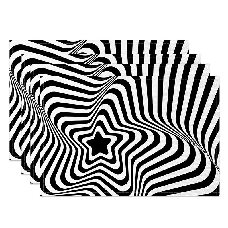 Aperturee Black Abstract Optical Illusion Star Set of 4 Placemats, Modern Geometric Design for Contemporary Dining, 14x12in (WxH)