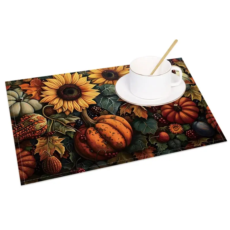 Aperturee Autumn Harvest Sunflower and Pumpkin Set of 4 Placemats, for Fall and Thanksgiving Dining Table Decor, 14x12in (WxH)