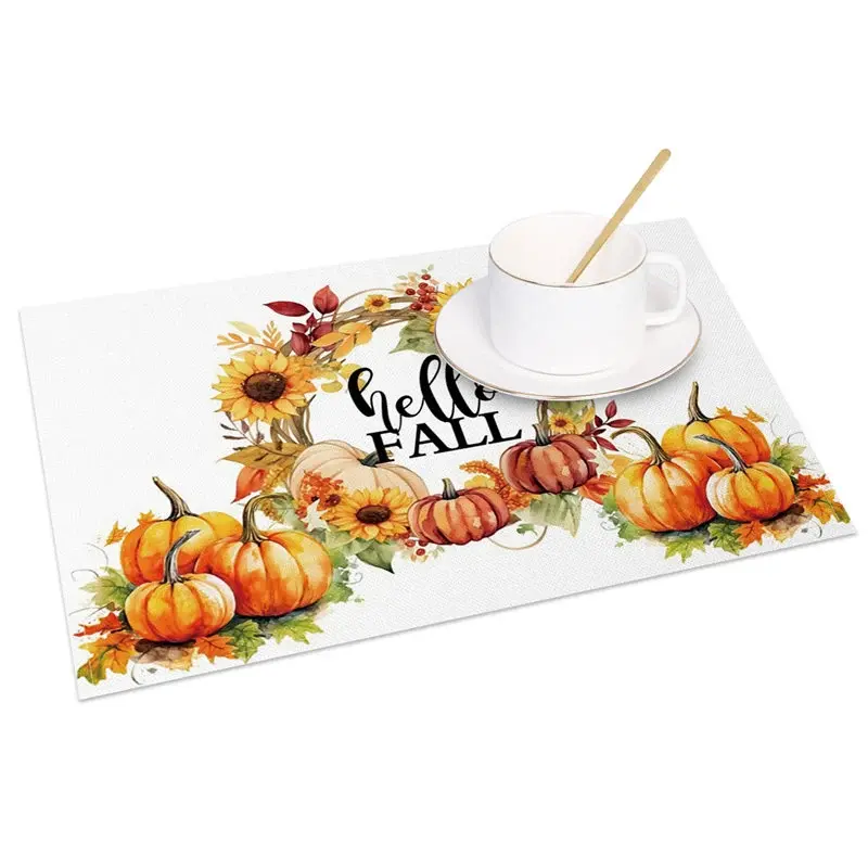 Aperturee Autumn Harvest Pumpkin and Sunflower Set of 4 Placemats, for Fall and Thanksgiving Kitchen Dining Decor, 14x12in (WxH)