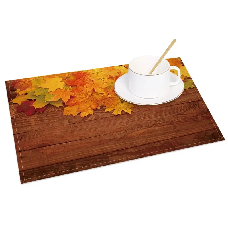 Aperturee Rustic Fall Maple Leaf on Brown Wood Texture Set of 4 Placemats, for Thanksgiving and Autumn Farmhouse Decor, 14x12in (WxH)