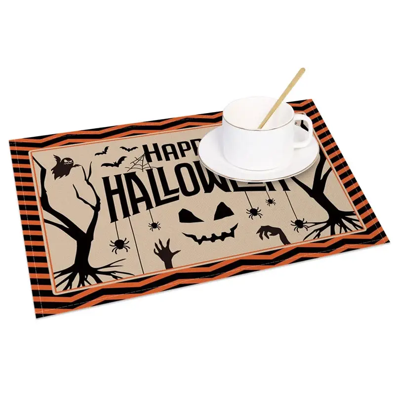 Aperturee Spooky Bat Halloween Set of 4 Placemats with Black and Orange Frame, for Holiday Party Decorations, 14x12in (WxH)