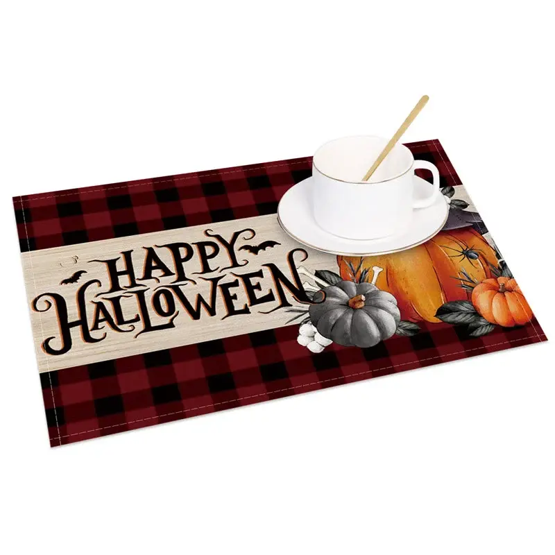 Aperturee Red Plaid Halloween Set of 4 Placemats with Pumpkin and Witch Hat, for Farmhouse Spooky Decor, 14x12in (WxH)