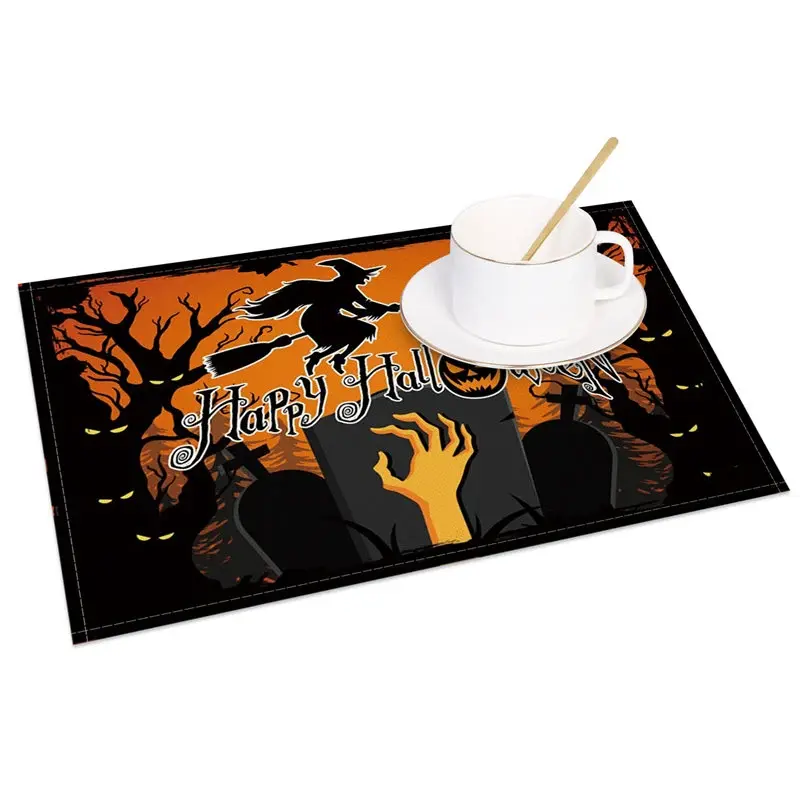 Aperturee Orange and Black Witch and Bats Halloween Set of 4 Placemats, for Spooky Holiday Party Decorations, 14x12in (WxH)