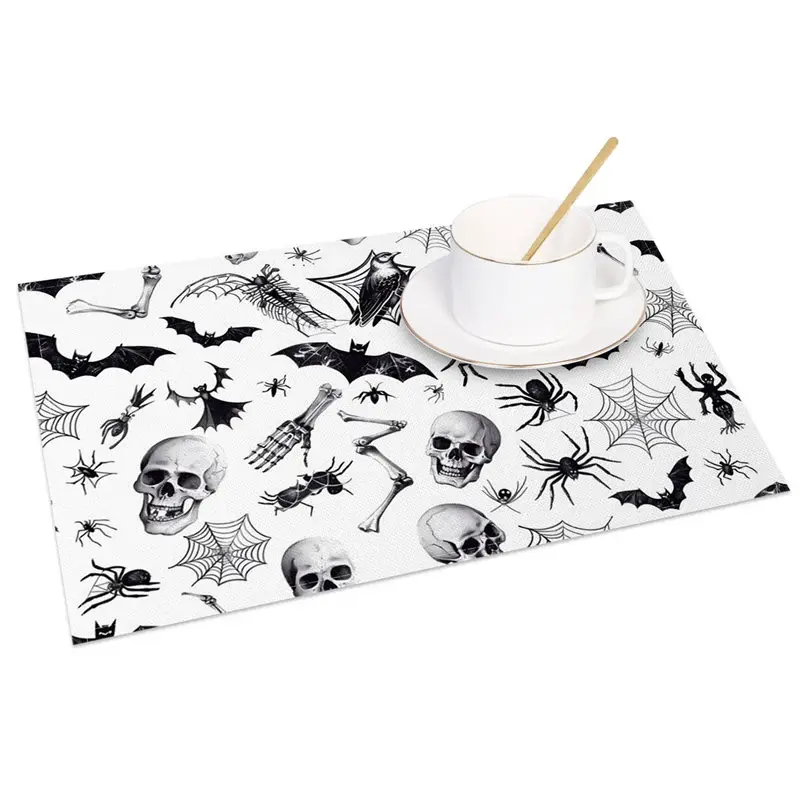 Aperturee White Halloween Set of 4 Placemats with Bats, Spiders, and Skeletons, for Modern Spooky Decor, 14x12in (WxH)