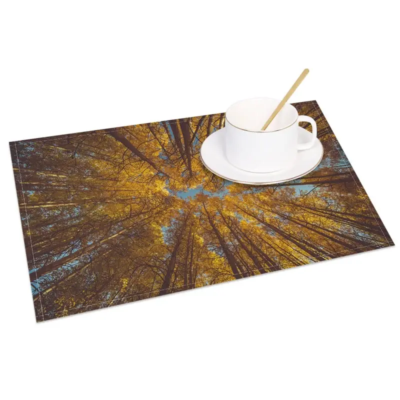 Aperturee Modern Autumn Yellow Tree Pattern Set of 4 Placemats, for Fall Season and Thanksgiving Dining Decor, 14x12in (WxH)