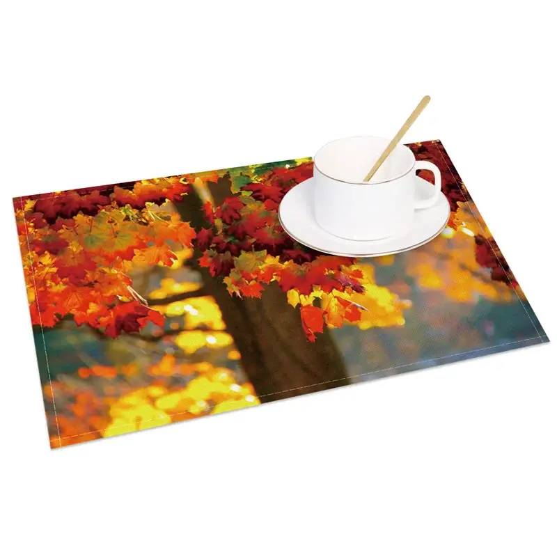 Aperturee Autumn Tree and Red Maple Leaf Pattern Set of 4 Placemats, for Fall Harvest and Thanksgiving Decor, 14x12in (WxH)