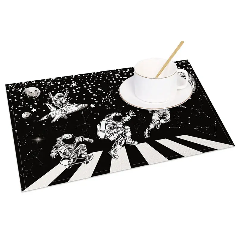 Aperturee Black and White Set of 4 Placemats with Astronaut and Piano Keys, for Music and Space Themed Decor, 14x12in (WxH)