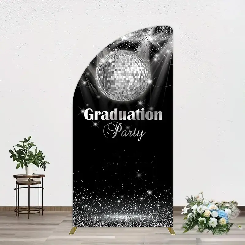 Aperturee Sparkle Black Silver Ball Graduation Half Moon Arch Backdrop, 1.6 x 4 ft (0.5 x 1.2 m), 98.18 USD, arch backdrop kit, CJGD9N43YL-AJ