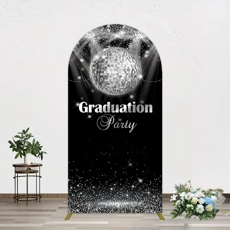 Aperturee Sparkle Black Silver Ball Graduation Arch Backdrop, 1.6 x 4 ft (0.5 x 1.2 m), 98.18 USD, arch backdrop kit, CJGD9N43-AJ