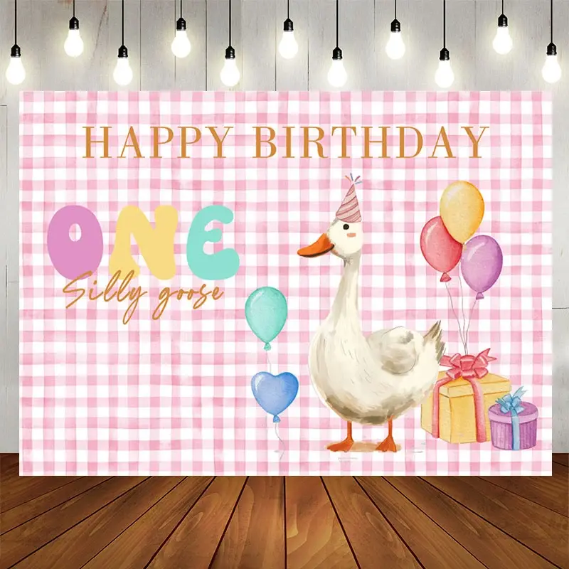 Aperturee Pink White Plaid One Silly Goose Birthday Backdrop, 5X3FT(1.5X1M), 15.07 USD, birthday backdrops, CJHD9N56-E
