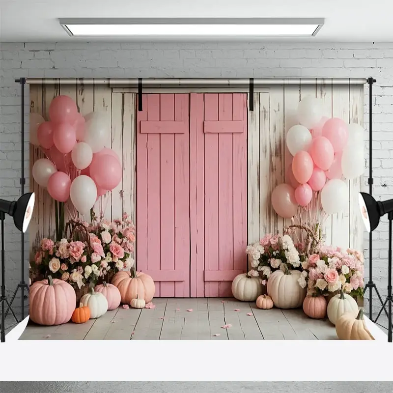 Aperturee Pink Wood Door Balloon Floral Pumpkin Wedding Backdrop, 3X2FT(1MX0.6M), 14 USD, wedding backdrops, CJHD9N78-M