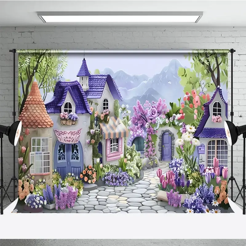 Aperturee Painted Fairy Town Purple Floral Mountain Backdrop, 3X2FT(1MX0.6M), 14 USD, spring backdrops, DCHD1K28-M