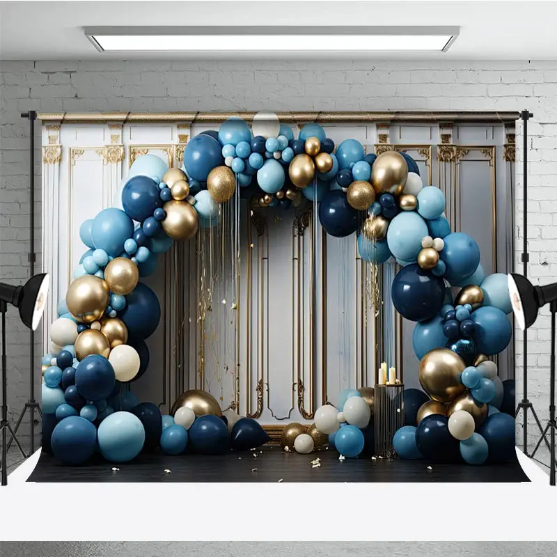 Aperturee Blue Balloons Arch White Gold Wall Photo Backdrop, 3X2FT(1MX0.6M), 14 USD, birthday cake smash backdrops, DCHD1K33-M