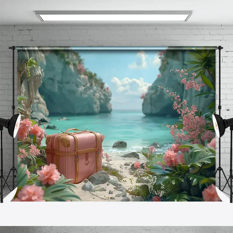 Aperturee Floral Seaside Luggage Beach Holiday Photo Backdrop, 3X2FT(1MX0.6M), 14 USD, summer backdrops, DCHD1L37-M