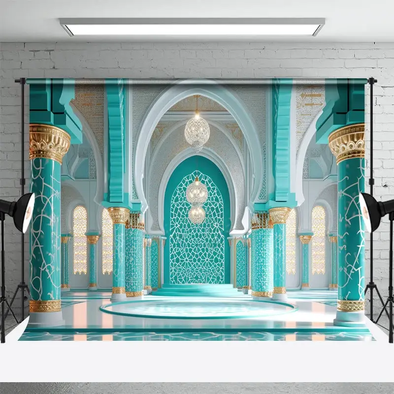 Aperturee Turquoise Grey Hall Lights Architecture Backdrop, 3X2FT(1MX0.6M), 14 USD, architecture backdrops, DCHD1L49-M