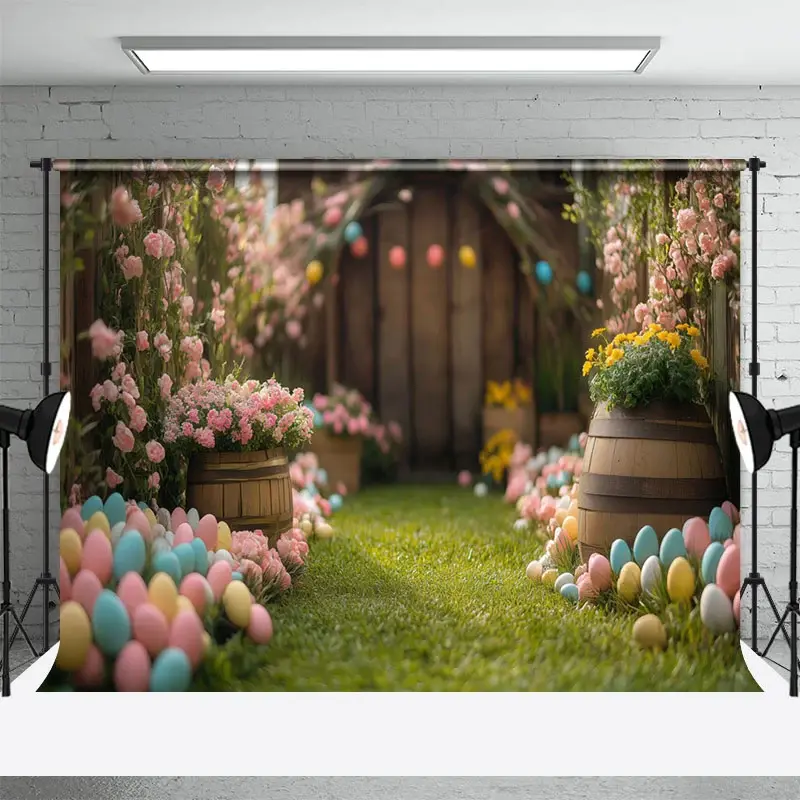 Aperturee Blurry Wood Door Green Lawn Egg Easter Photo Backdrop, 3X2FT(1MX0.6M), 14 USD, easter backdrops, DCHD3K50-M