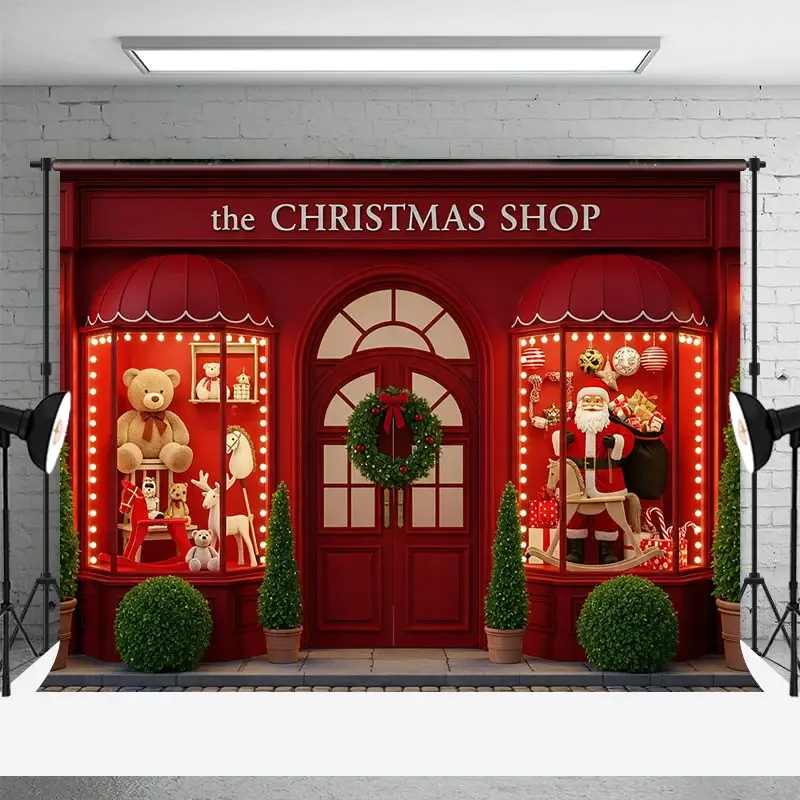 Aperturee The Christmas Shop Backdrop, Red Storefront Window Display, Santa and Teddy Bear Holiday Photography Props