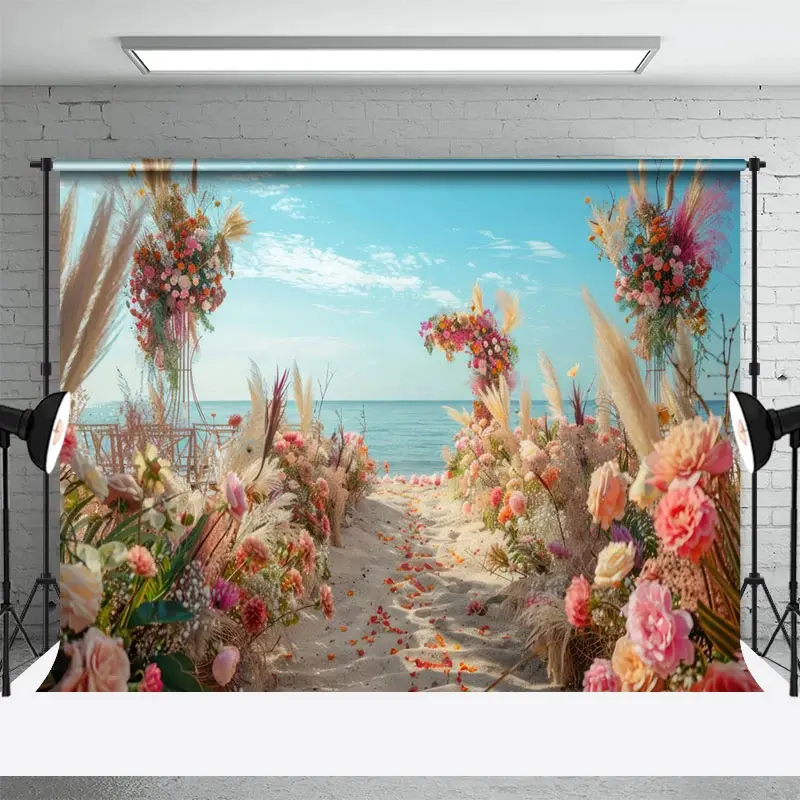 Aperturee Floral Sandy Beach Blue Sky Summer Wedding Backdrop, 3X2FT(1MX0.6M), 14 USD, wedding backdrops, DCHD5K88-M