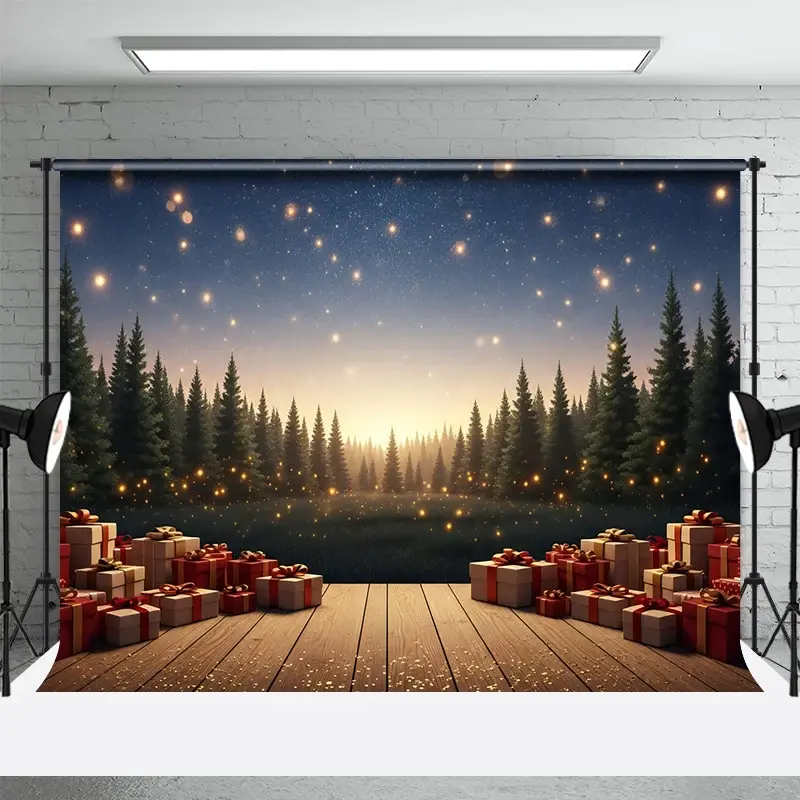 Aperturee Christmas Night Backdrop Wooden Stage Forest Photography Background Glowing Lights Gift Boxes Holiday Party Decoration