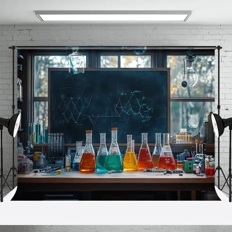 Aperturee Back to School Backdrop Science Chemistry Lab Photography Background Colorful Beaker Blackboard Student Party Decoration