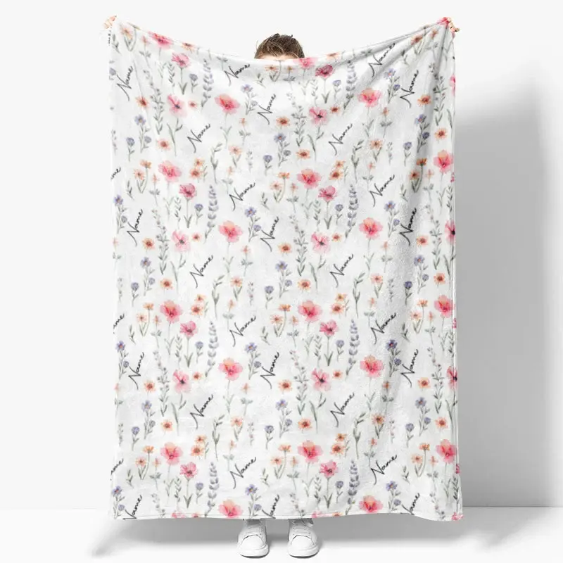 Aperturee Personalized Wildflower Floral Blanket with Custom Name, Botanical Meadow for Baby Girl, Nursery Decor Gift, 30x40in (WxH)