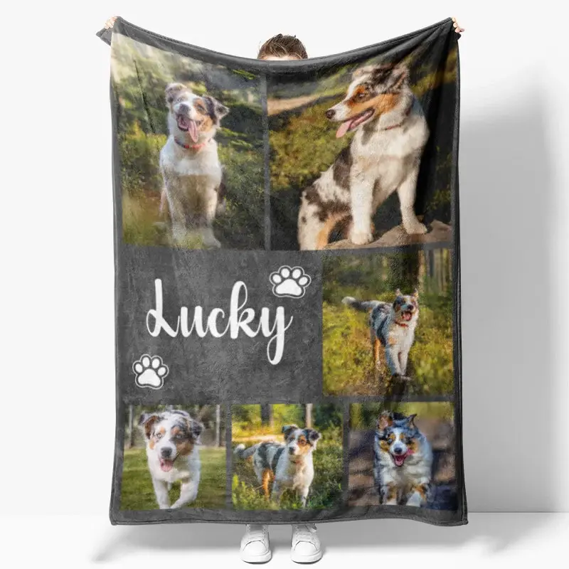 Aperturee Personalized Australian Shepherd Blanket with Custom Name, Photo Collage Memorial Gift for Dog Lovers