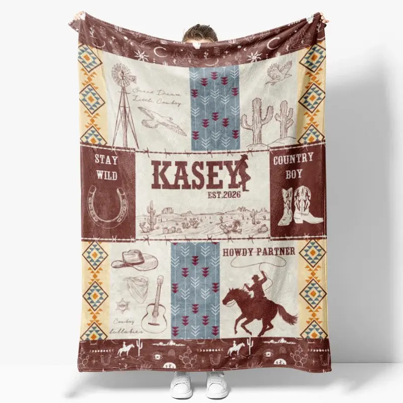 Aperturee Personalized Name Blanket for Boy, Custom Western Cowboy Baby Blanket, Rustic Cactus Nursery Decor Swaddle
