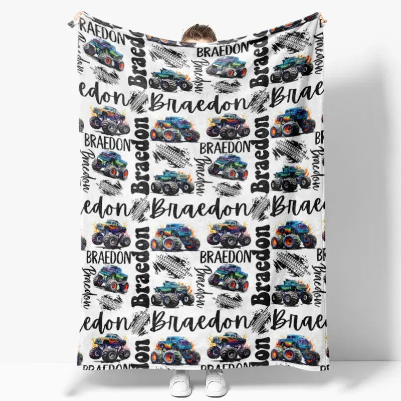 Aperturee Personalized Name Blanket for Boy, Custom Monster Truck Baby Blanket, Racing Car Nursery Decor Swaddle