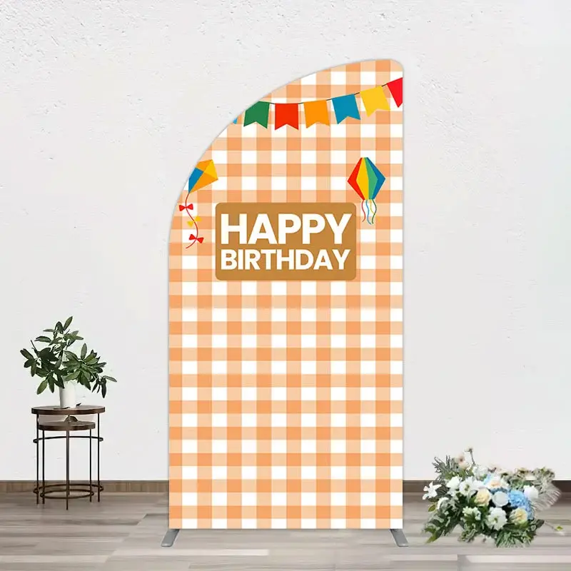Aperturee Chessboard Pattern Kite Happy Birthday Half Moon Arch Backdrop, 1.6 x 4 ft (0.5 x 1.2 m), 98.18 USD, arch backdrop kit, DMGD0Y76YL-AJ