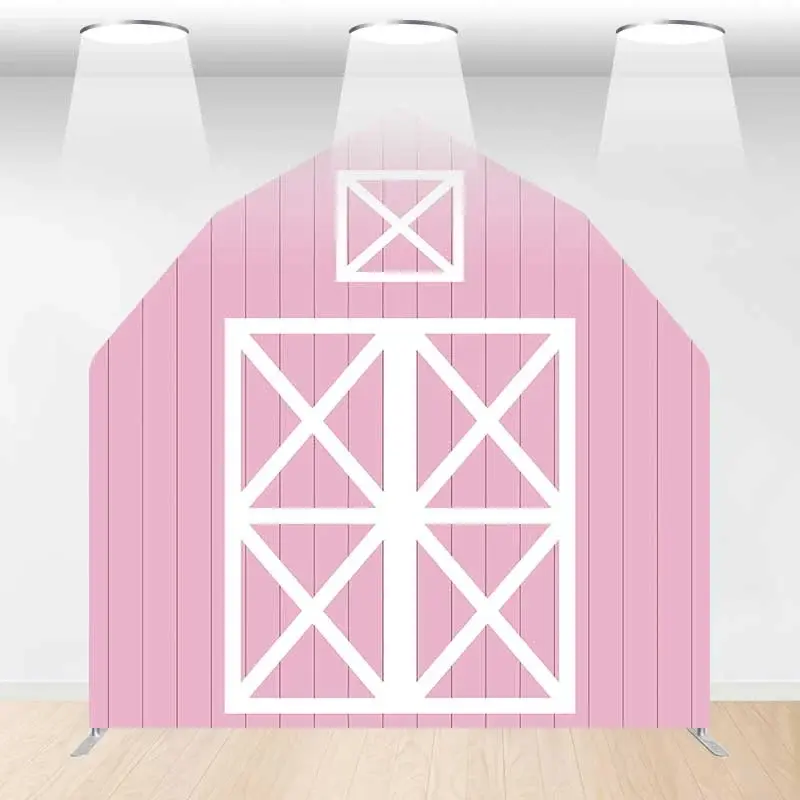 Aperturee Pink White Farm Barn Door Arch Party Decor Backdrop, 6 x 6 ft, 219 USD, barn door arch backdrops, DMGD1Y14-AJ
