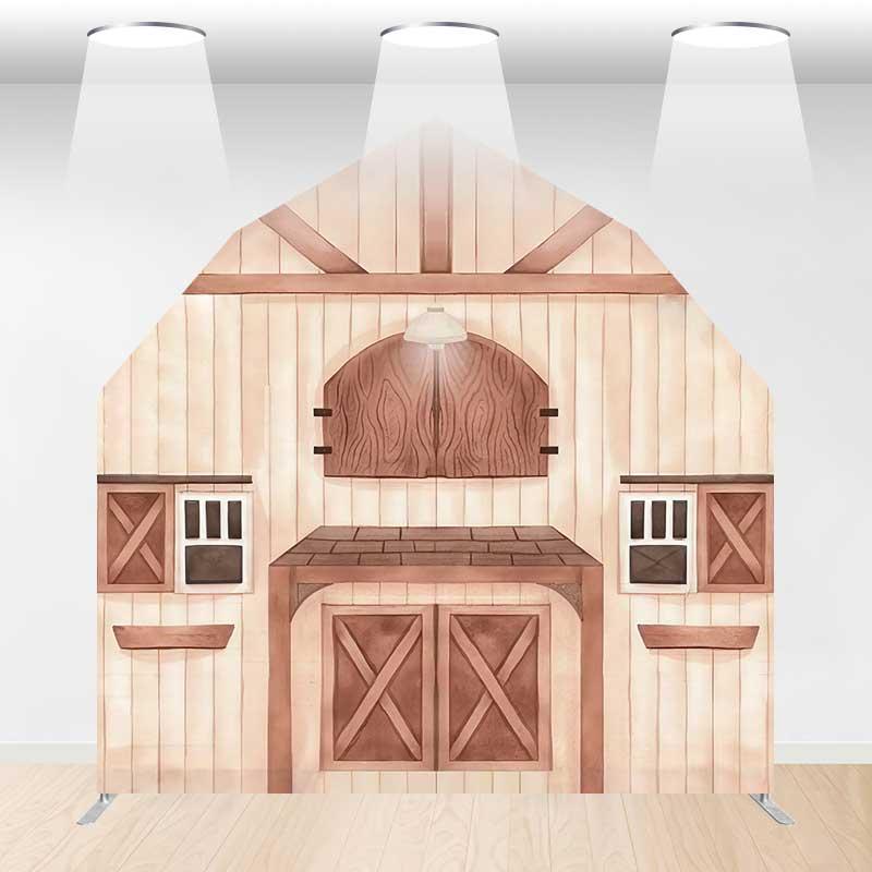 Aperturee Rustic Wooden Farm House Barn Door Arch Backdrop, 6 x 6 ft, 219 USD, barn door arch backdrops, DMGD1Y18-AJ