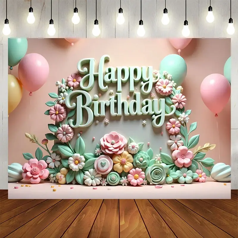 Aperturee Colorful Floral Balloons Happy Birthday Backdrop, 5X3FT(1.5X1M), 15.07 USD, birthday backdrops, DMHD6Y05-E