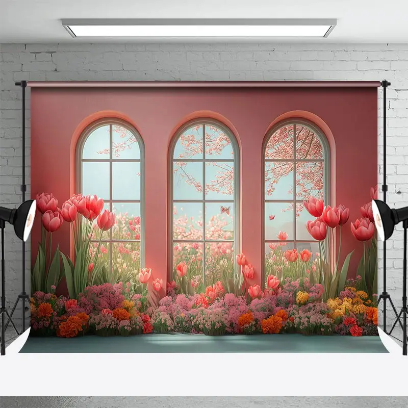 Aperturee Cartoon Oil Painting Tulip Pink Room Window Backdrop, 3X2FT(1MX0.6M), 14 USD, fine art backdrops, DMHD6Y24-M