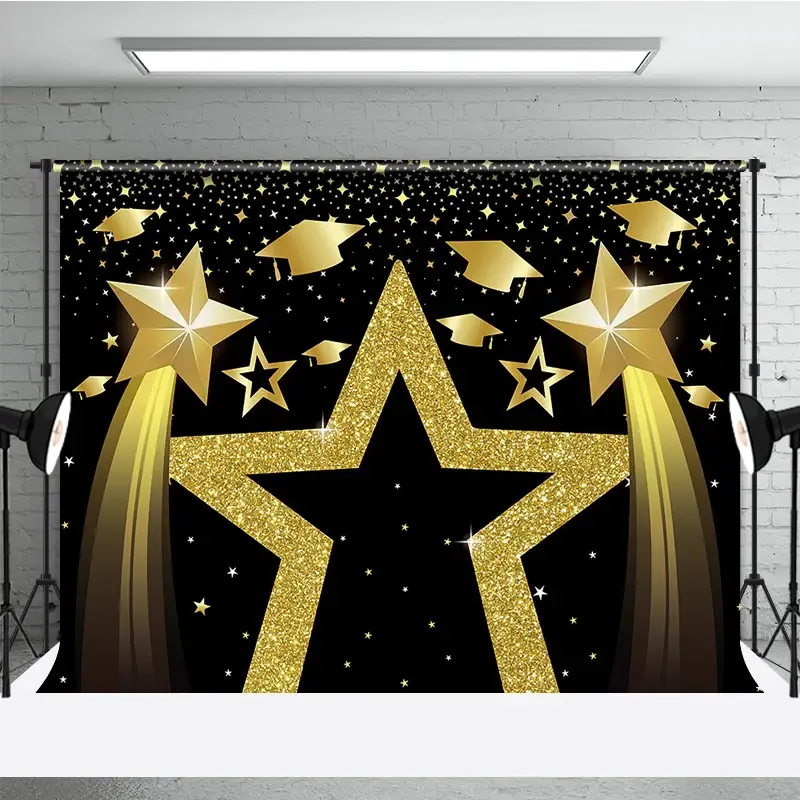 Aperturee Graduation Stars Backdrop, Golden Glitter Graduation Caps Party Supplies Class of 2026 Studio Prop