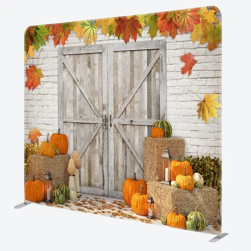 Aperturee Rustic Fall Harvest Tension Fabric Backdrop, Autumn Pumpkin Patch with Barn Door, Thanksgiving Photo Booth Decor, 6x6ft (WxH)
