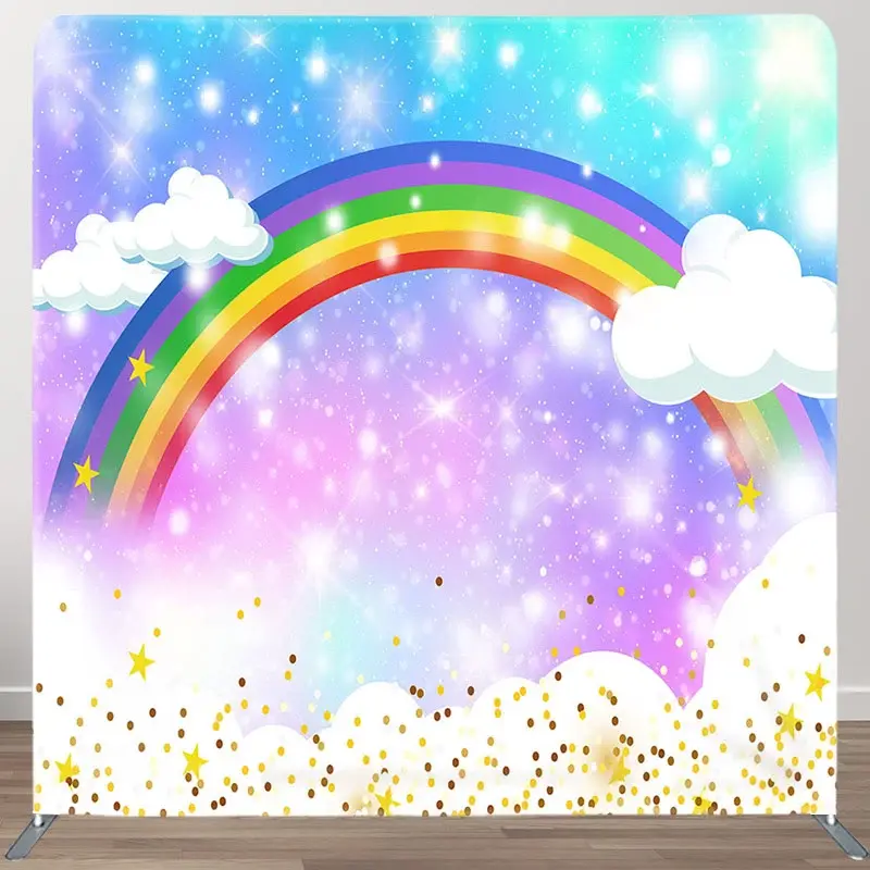 Aperturee Sparkle Rainbow Clouds Birthday Pillow Case Backdrop, 6X6FT(1.8X1.8M), 111 USD, square double-sided backdrops, DSAH0B514-F