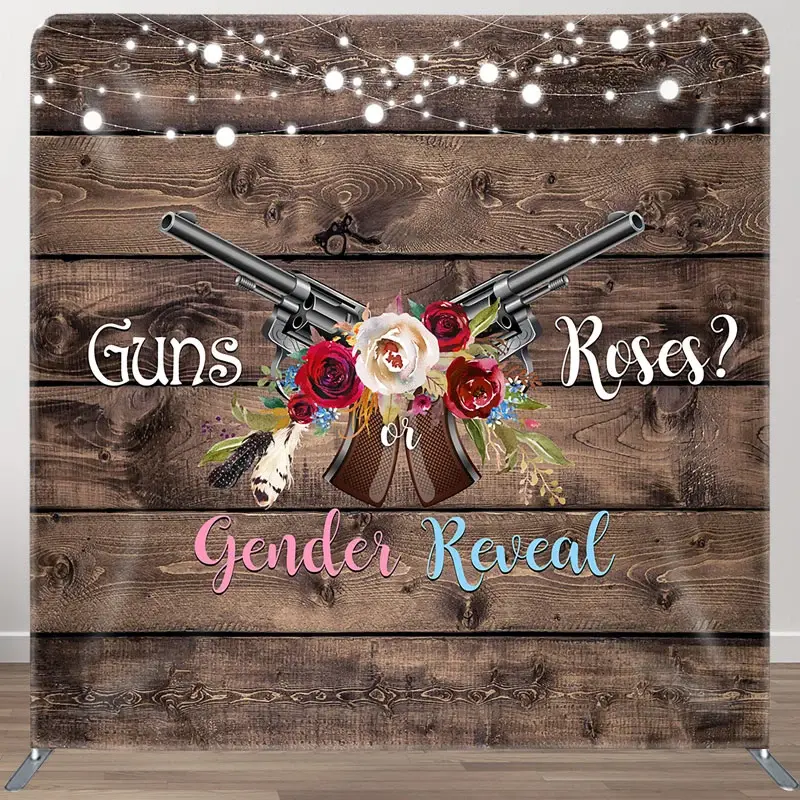 Aperturee Wooden Rose Guns Gender Reveal Tension Fabric Backdrop, 6 x 6 ft (1.8 x 1.8 m), 111 USD, square double-sided backdrops, DSAH0D261-F