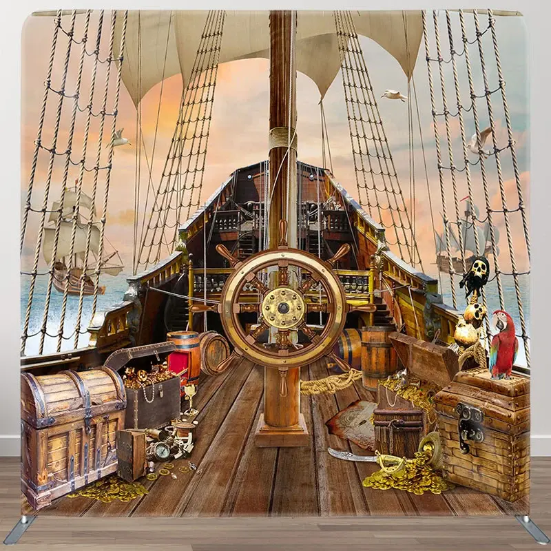 Aperturee Treasure Pirate Galleon Birthday Pillow Cover Backdrop, 6 x 6 ft (1.8 x 1.8 m), 111 USD, square double-sided backdrops, DSAH0F279-F