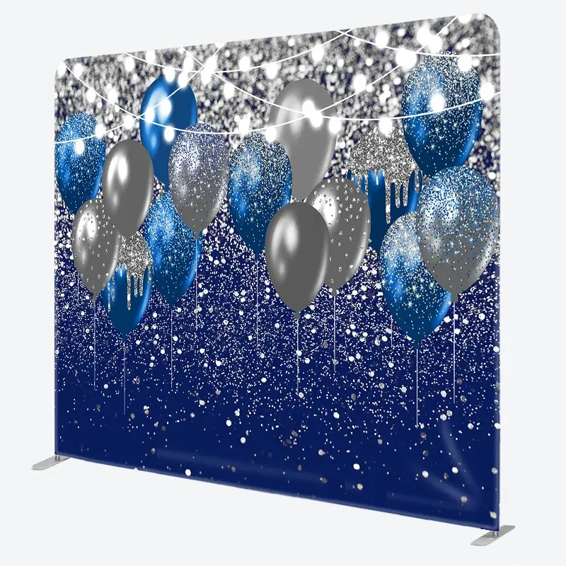 Aperturee Blue and Silver Balloons Square Tension Backdrop, Glitter Birthday or Graduation Party, Elegant Celebration Decor, 6x6ft (WxH), 1