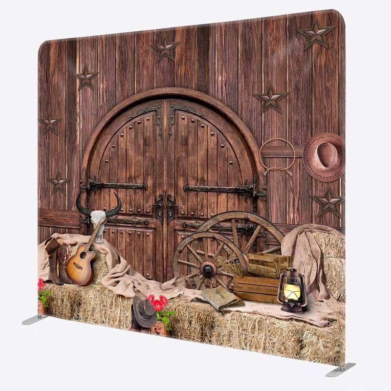 Aperturee Western Saloon Tension Fabric Backdrop, Rustic Barn Door and Hay Bales, Wild West Cowboy Themed Photo Prop, 6x6ft (WxH)