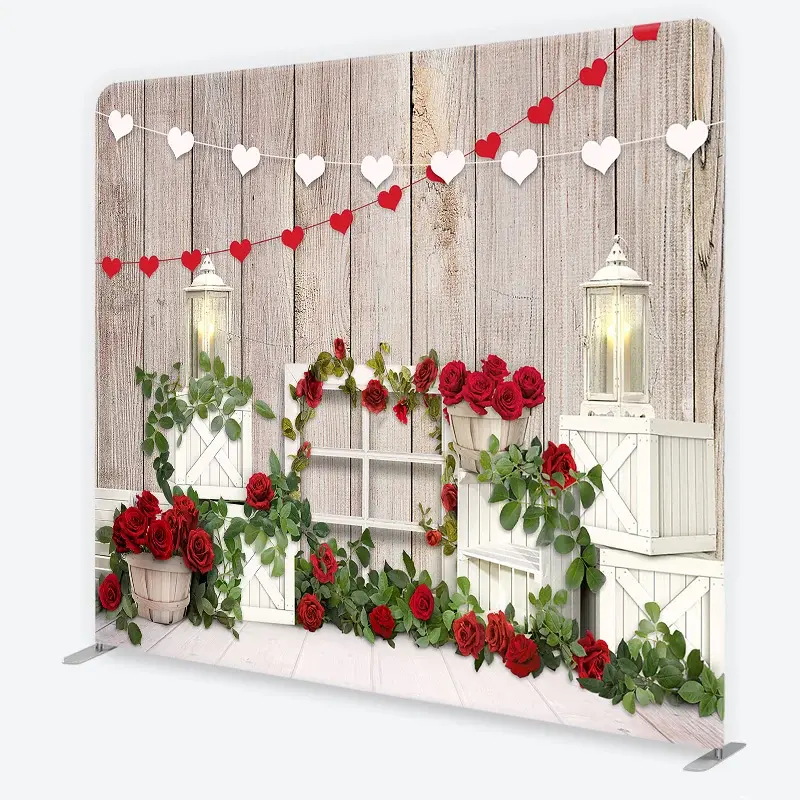 Aperturee Valentine Day Tension Fabric Backdrop, Rustic Wood and Red Roses Studio Photography